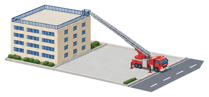 屋上広場のある建物の横の空地ではしご車がはしごを屋上へ伸ばしているイラスト