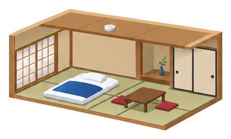 畳の部屋に布団が敷かれた旅館の客室の天井に煙感知器が付いたイメージ