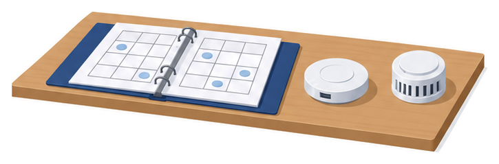 表の書類を開いた机の横に平たい熱感知器と側面にすき間のある煙感知器を並べたイメージ