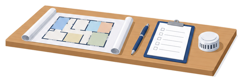 色分けした図面とチェック表とペンを置いた机の横に煙感知器の模型を置いたイメージ