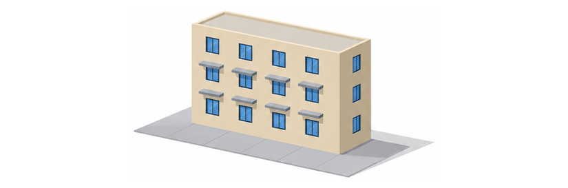 薄ベージュの四階建ての建物の側面に、二階と三階の窓の上へ小さな平らなひさしが張り出し、壁の足もとに広い舗装の空地が帯のように続いているイメージ
