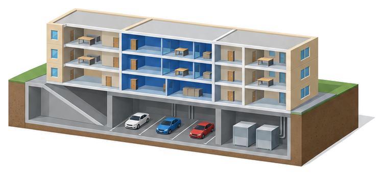 地上の客室や事務所の下に車が並ぶ地下駐車場と機械室がある建物の断面のイラスト