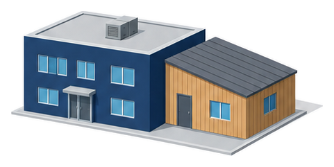 平らな屋根のコンクリートの建物と木造の付属棟がくっついて建っているイラスト