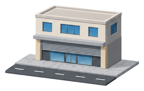 道路に面した店舗の1階で、シャッターを半分上げて奥のガラス戸が見えているイメージ