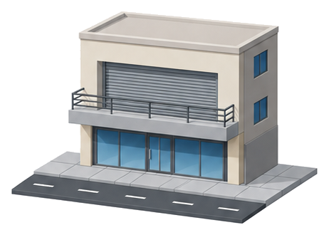 2階建ての建物の2階で、シャッターの前にシャッターと同じ幅で奥行きのあるバルコニーを付けたイメージ