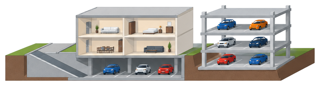 地下に車が並ぶ囲まれた駐車場がある建物と外壁の無い立体駐車場が並んだイラスト
