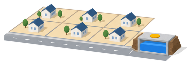 区画された宅地と新しい道路の脇に丸い黄色の蓋の地下防火水槽があるイラスト