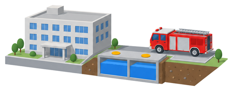大きな建物の前の二つの区画に分かれた地下水槽のそばに消防車が止まるイラスト