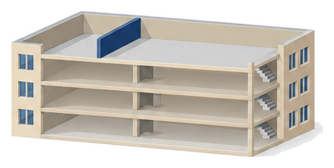 最上階だけが厚い壁で大小2つの部屋に分けられた四階建ての建物のイラスト