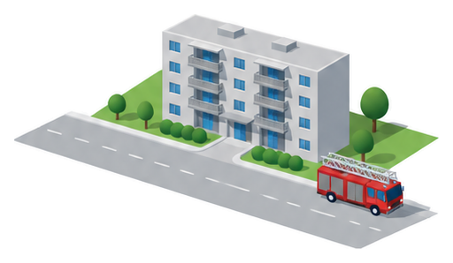 道路からはしご車が短い進入路を通って五階建ての共同住宅へ向かうイラスト