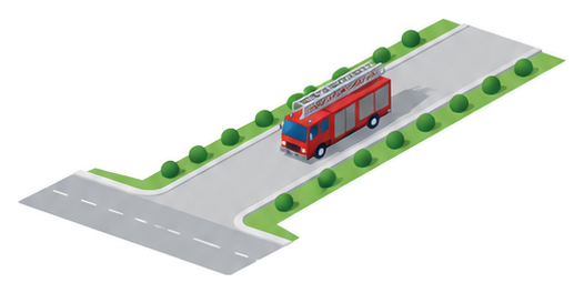 門や電柱のない平らな進入路にはしご車が止まり道路との角が丸く切られているイラスト