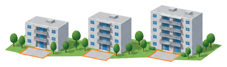 階数の違う三棟の共同住宅が並びそれぞれの前に長方形の空地があるイラスト