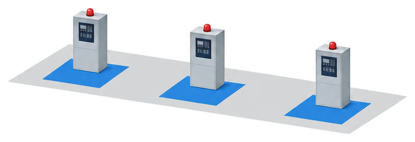 同じ形の自立型の受信機が三台並びそれぞれの前の床に同じ青い範囲が描かれたイラスト