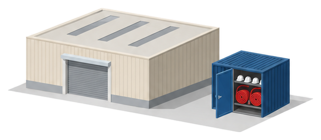 大きな工場の建物の右に扉の開いた消防用の倉庫がありホースとヘルメットが並ぶイラスト