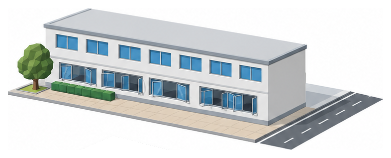 道路に通じる通路に面して開け閉めできる窓が並ぶ2階建ての建物のイメージ