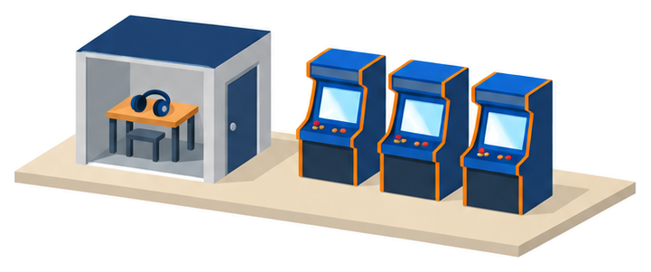 左に机とヘッドホンのある小さな個室、右にゲーム機が三台並ぶイメージ