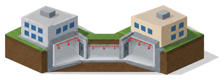 近くに建つ二つの建物の地下を短い通路がつなぎ両側の接続部の天井にスプリンクラーヘッドが付いているイラスト