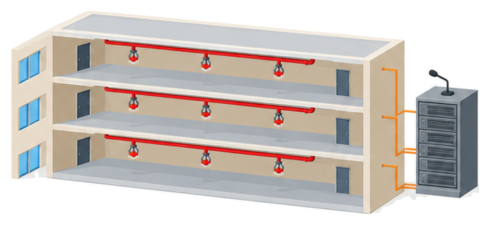 すべての階の天井にスプリンクラーヘッドがある建物と放送設備の増幅器のイラスト