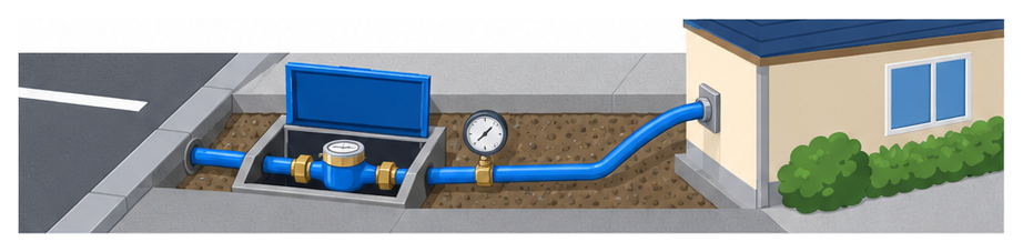 道路わきの水道メーターのすぐ後ろに圧力計を付け、管が建物へ続いているイメージ