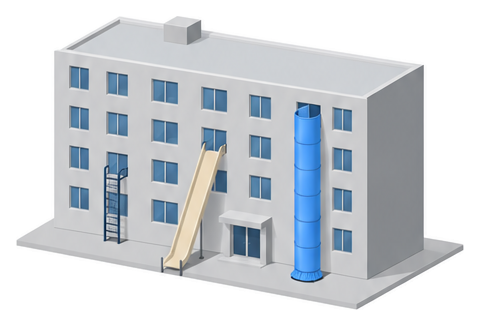 病院のような建物の壁に避難はしごと滑り台と救助袋が並んで取り付けられたイラスト