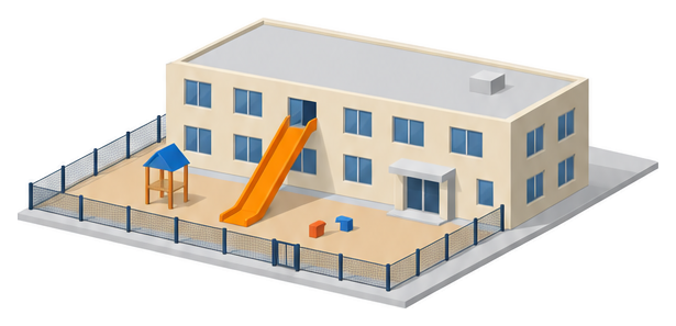 2階建ての保育園の2階から園庭へ幅の広い滑り台が延びたイラスト