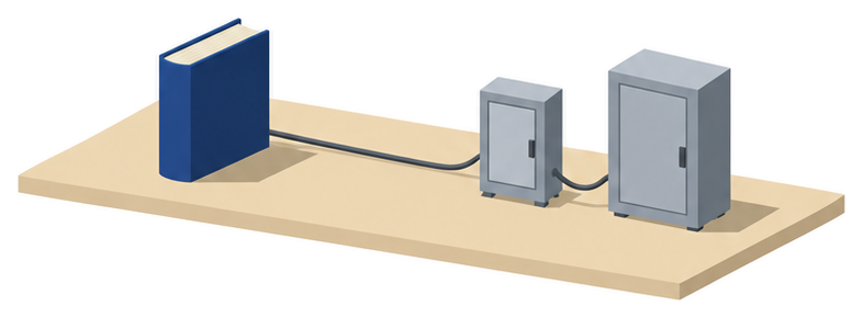 分厚い本と電気の分電盤と大きな遮断器の箱が並んでいるイメージ