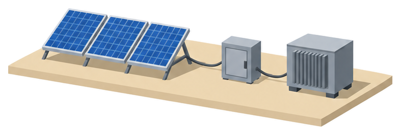 低い台の上に青い太陽電池が三枚並び細いケーブルで遮断器の箱と変圧器につながっているイメージ