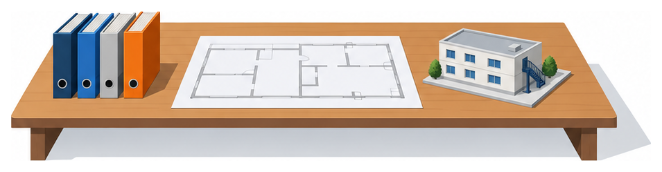 机に広げた平面図と並んだファイルと屋外階段の付いた建物の模型を置いたイメージ