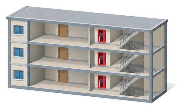 三階建ての建物の各階の同じ位置に同じ形の赤い消火栓箱がある断面のイメージ