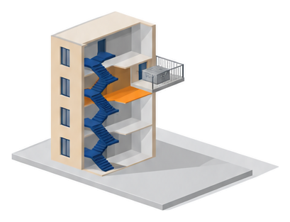 階段がひとつしかない４階建てのビルの断面と３階のバルコニーに付いた避難器具用ハッチのイラスト