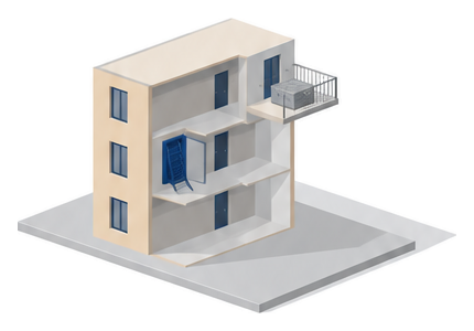 ３階建てのビルの２階に置かれた折りたたみ式の避難はしごと３階のバルコニーの避難器具用ハッチを並べたイラスト