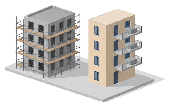 足場のかかった建設中の建物とバルコニーに避難器具用ハッチが並ぶ完成した建物のイラスト