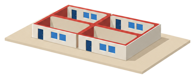 一つの階が厚い壁で４つの部屋に仕切られ、部屋どうしは行き来できず、それぞれに外への扉と窓があるイメージ