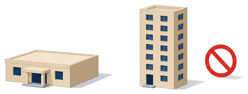 低い小規模な施設と高層の建物を並べ高層側に禁止の印を付けたイラスト
