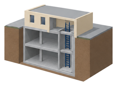 地下2階まである建物の右側に厚いコンクリートの壁と床で囲った縦長の部屋を置き固定式のはしごを通したイメージ