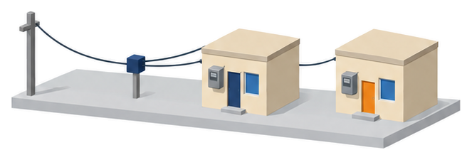電柱からの1本の引込線が中継の箱を通って並んだ2棟の建物へつながるイラスト