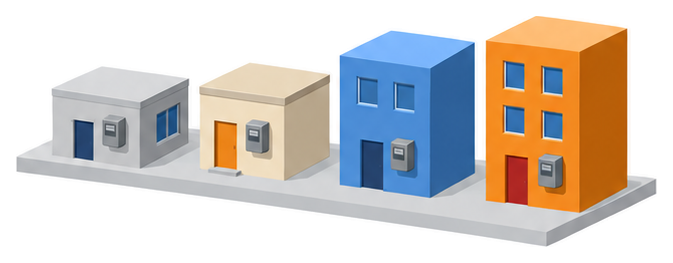 高さと色の違う4つの建物が並びそれぞれの壁に電力量計が付いたイラスト
