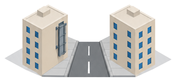 道路をはさんで向かい合う２棟の建物のうち左の建物の上の階に折りたたみ式の避難橋がヒンジで留められ立てた状態で収納されているイラスト