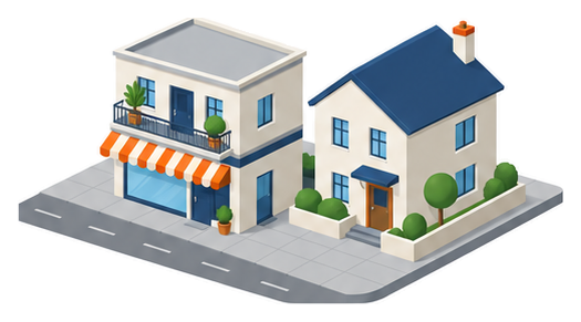 １階が日よけのある小さな店舗で２階が住まいの建物と隣に建つ同じ高さの一戸建てのイラスト