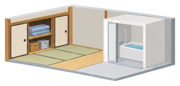 襖を開けた押入とユニットタイプの浴室が並ぶ集合住宅の部屋のイラスト