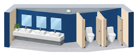 洗面台が並び奥に個室があるトイレの天井に感知器を付けたイメージ