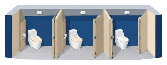飲食店のトイレで天井まで仕切られた三つの個室それぞれに感知器を付けたイメージ