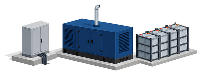 灰色のキュービクルと紺色の自家発電設備と蓄電池の架台が並ぶイラスト