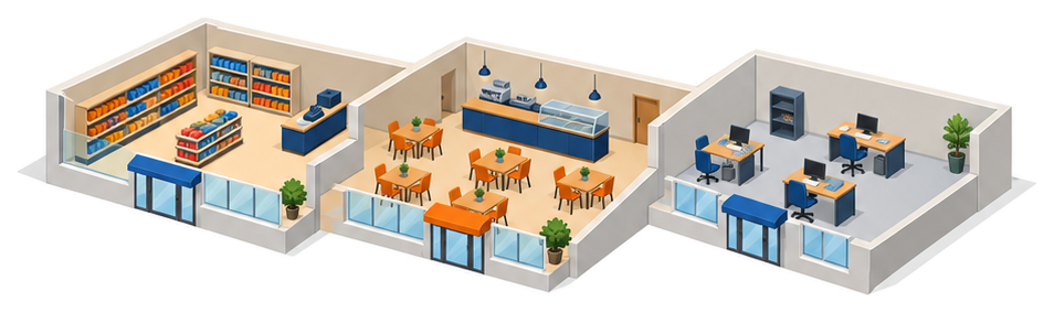 物販店と飲食店と事務所が1階に並ぶ複合用途の建物の断面イラスト