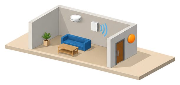 住戸の天井に丸い感知器があり、壁のスピーカーから音が出て、玄関の外のランプが橙色に点灯しているイメージ