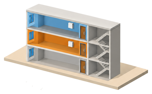 3階建ての建物の断面で、中の階が橙色、上の階が水色に塗られ、中と上の階にだけスピーカーが付いたイメージ