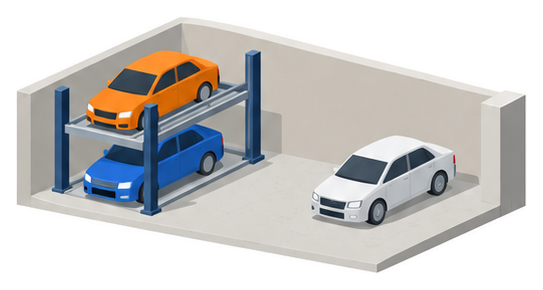 建物の1階の車庫に2段式の機械式駐車装置と床に止めた車を並べたイメージ