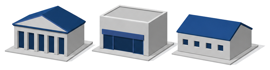 劇場と店舗とホテルを表す三つの建物ブロックを並べたイラスト