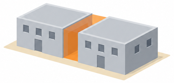 近接して建つ二棟の建物を一つの防護対象物とみなす様子