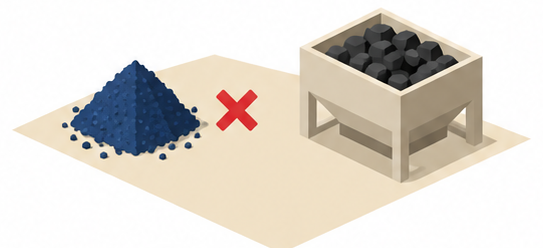 黒い粉の山と石炭貯蔵の箱が離れて置かれた図